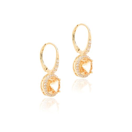 Brinco Argola Redondo com Cristal Citrino e Zircônias Brancas Fecho Click - Banho de Ouro 18k