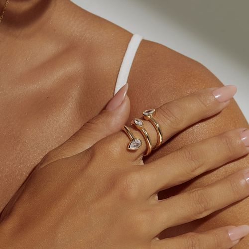 Anel Gotas e Navetes com Zircônias Brancas - Banho de Ouro 18k