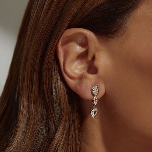 Brinco Gotas e Navetes com Zircônias Brancas - Banho de Ouro 18k