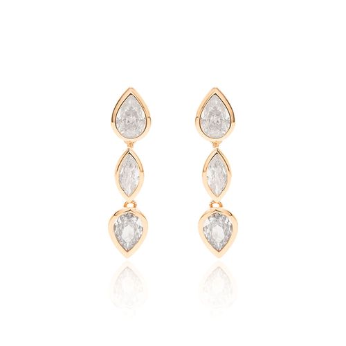 Brinco Gotas e Navetes com Zircônias Brancas - Banho de Ouro 18k