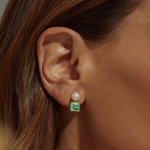Brinco Quadrado com Fusion Esmeralda Colombiana e Pérola de Água Doce - Banho de Ouro 18k