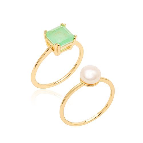 Kit com 2 Anéis Quadrado de Fusion Esmeralda Colombiana e Solitário de Pérola Água Doce - Banho de Ouro 18k
