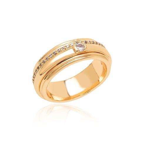 Anel Aliança Giratória com 1 linha cravejada de Zircônias Brancas - Banho de Ouro 18k