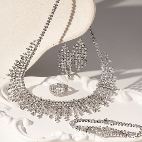 Conjunto Maxi com Brinco, Colar, Anel e Pulseira de 19cm Inteiro Cravejado de Zircônias Brancas - Banho de Ródio Branco