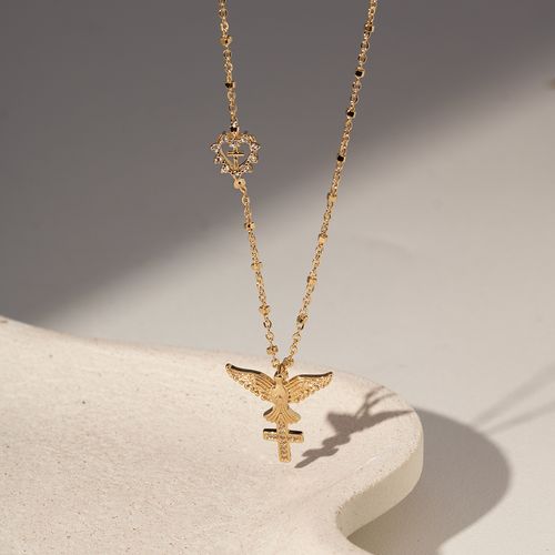 Colar Divino Espírito Santo e Mini Coração com Zircônias Brancas 64cm - Banho de Ouro 18k