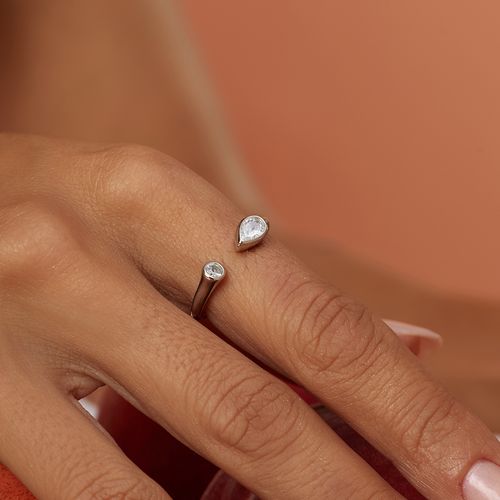 Anel Aberto Gota e Redondinho com Zircônias Brancas - Prata 925