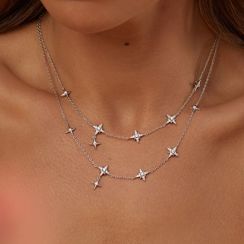 Colar Estrelas com Zircônias Brancas 50cm - Prata 925