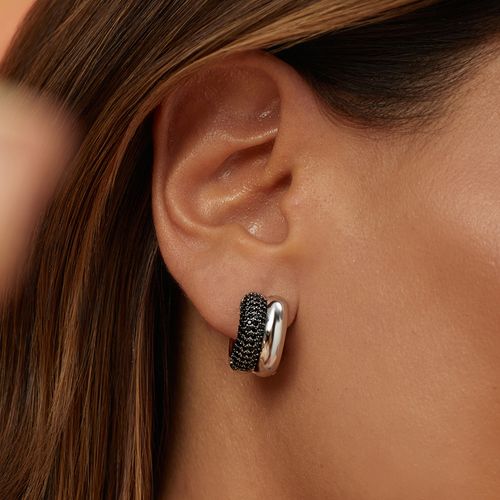 Brinco Argola Bold Cravejadas com Zircônias Negras - Banho de Ródio Branco