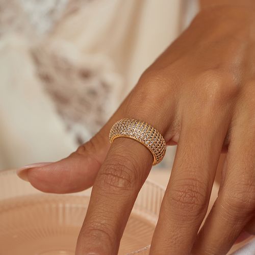 Anel Aliança 7 Linhas Cravejadas com Zircônias Brancas - Banho de Ouro 18k