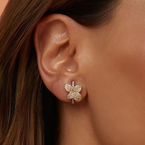 Brinco Petálas com Zircônias Brancas e Banho de Caneta Ouro 18k nas Zircônias - Banho de Ródio Branco