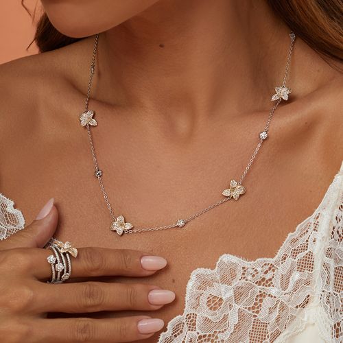 Colar Petálas com Zircônias Brancas e Banho de Caneta Ouro 18k nas Zircônias 82cm - Banho de Ródio Branco