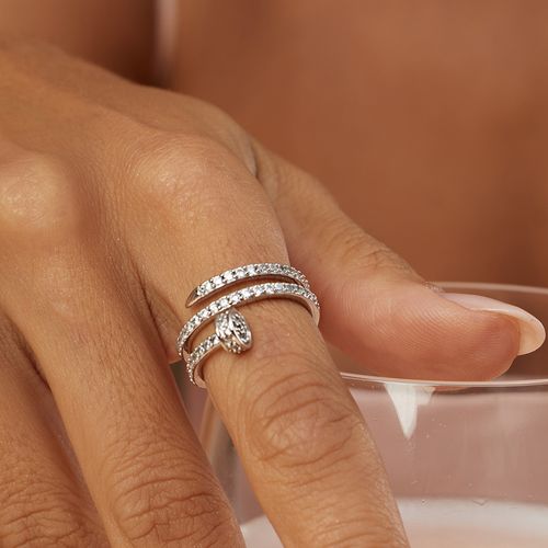 Anel Prego Cravejado com Zircônias Brancas - Banho de Ródio Branco