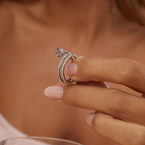 Anel Prego Cravejado com Zircônias Brancas - Banho de Ródio Branco