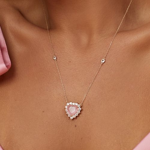 Colar Coração 11x11 com Fusion Morganita e Zircônias Brancas 50cm - Banho de Ouro 18k