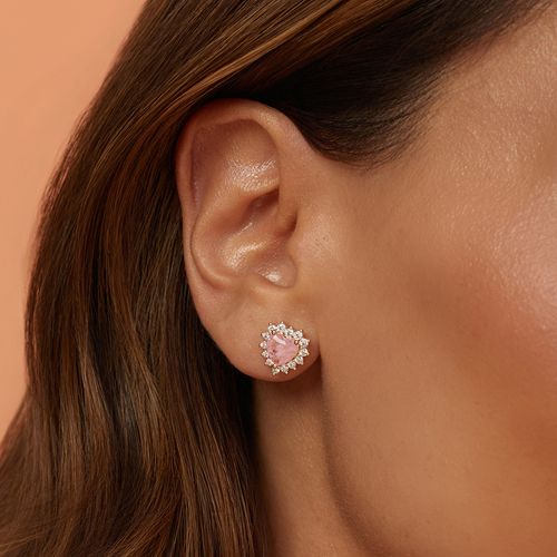 Brinco Coração 6x6 com Fusion Morganita e Zircônias Brancas - Banho de Ouro 18k