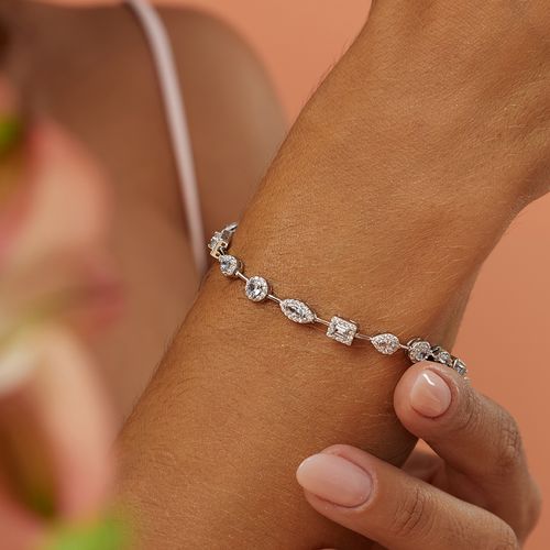 Pulseira Riviera Formas Zircônias Premium Água Marinha e Zircônias Brancas 18cm - Prata 925