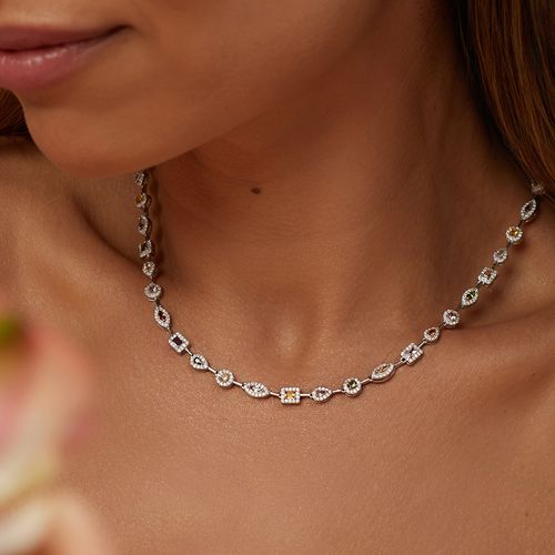 Colar Riviera Formas Mix de Cristais com Citrino, Rodolita, Peridoto, Dark Rodolita e Zircônias Brancas 43cm - Prata 925