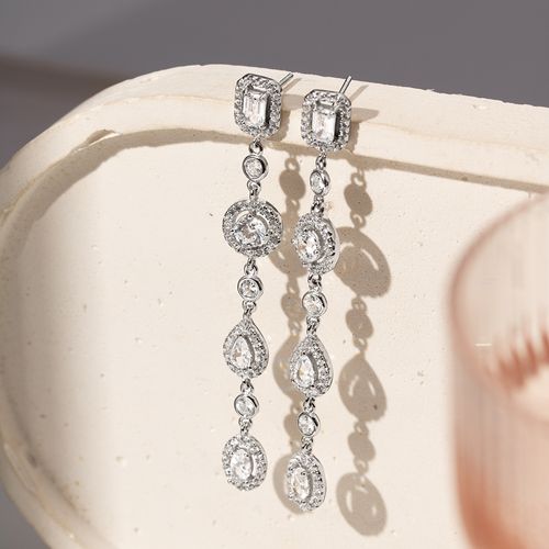 Brinco Longo Formas com Zircônias Brancas - Prata 925