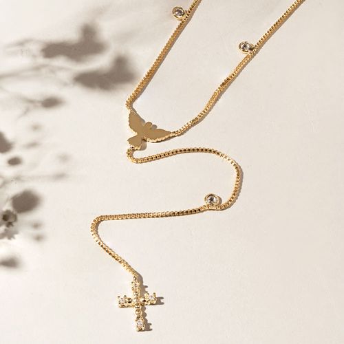 Colar Gravatinha Espírito Santo e Cruz com Zircônias Brancas - 48 cm - Banho de Ouro 18k