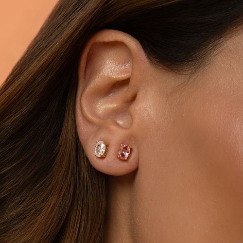Kit com Dois Pares de Brincos Ovalzinho 5x7 de Cristal Turmalina Rosa e Zircônia Branca - Banho de Ouro 18k