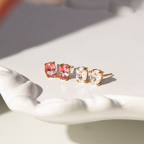 Kit com Dois Pares de Brincos Ovalzinho 5x7 de Cristal Turmalina Rosa e Zircônia Branca - Banho de Ouro 18k