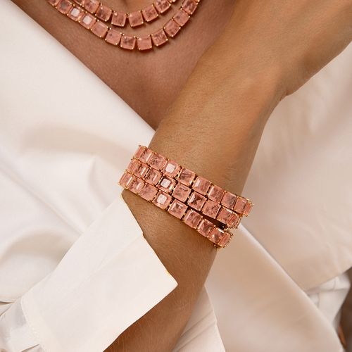 Pulseira Riviera Inteira Quadrados com Fusion Morganita 18cm - Banho de Ouro 18k