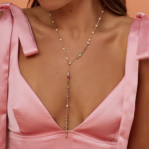 Colar Gravatinha Formas com Pérolas Coreana, Cristal Turmalina Rosa, Cristal Morganita e Cristal London Blue 60cm - Banho de Ouro 18k