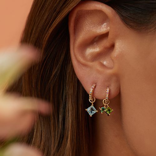 Brinco Ear Bling com Cristal Topázio Azul, Cristal Paraiba, Cristal Peridoto e Zircônias Coloridas - Banho de Ouro 18k