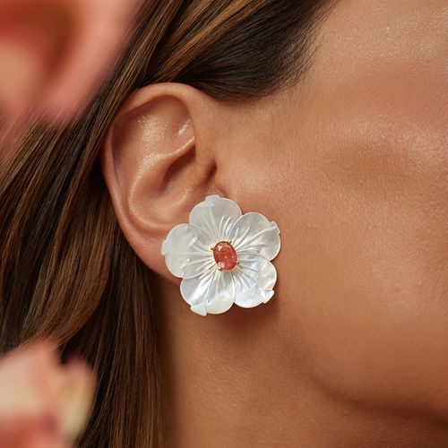 Brinco Flor Versátil com Madrepérola e Cristal Rutilado Rosa - Banho de Ouro 18k