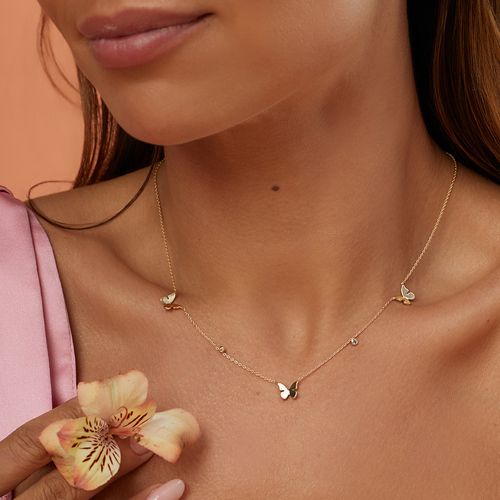 Colar 3 Borboletas com Zircônia Branca - 50 cm - Banho de Ouro 18k