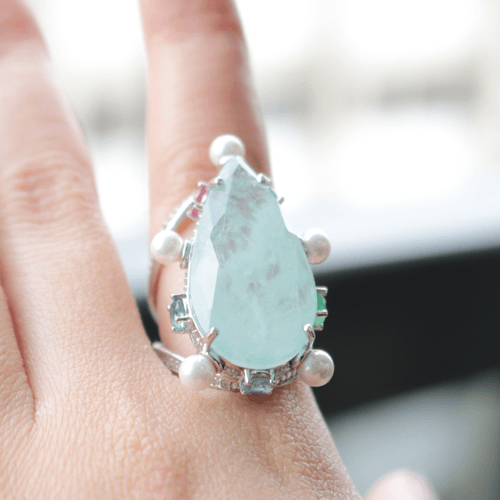 Anel fusion turmalina light perola cristal london blue gota grande bordada aro20