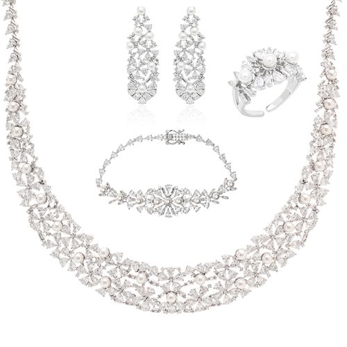 Conjunto Maxi Pérolas com Brinco, Colar 50cm, Pulseira 19cm e Anel Pérolas com Zircônias Brancas - Banho de Ródio Branco