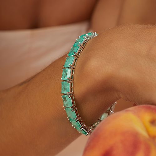 Pulseira Riviera Inteira Quadrados com Fusion Esmeralda Colombiana 18cm - Banho de Ródio Branco