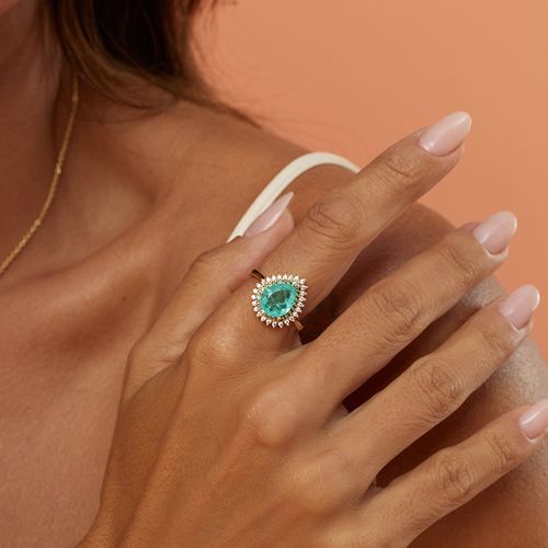 Anel Gota Cravejada com Fusion Esmeralda Colombiana e Zircônias Brancas - Banho de Ouro 18k