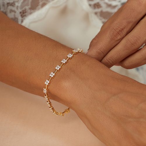 Pulseira Inteira Florzinhas com Zircônias Brancas 18cm - Banho de Ouro 18k