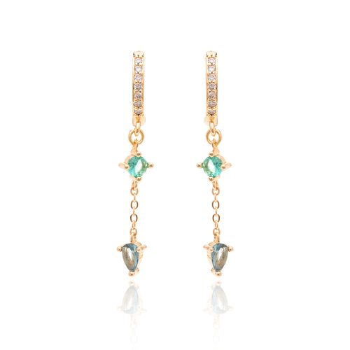 Brinco Ear Bling Pequeno Formas com Cristais Paraíba, Peridoto e London Blue - Banho de Ouro 18k