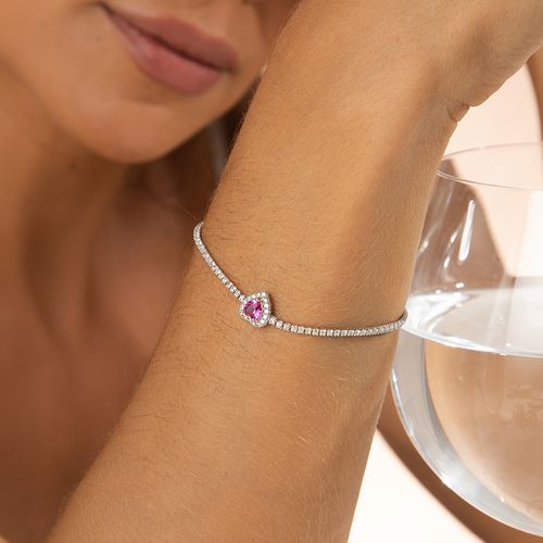 Pulseira Coração de Cristal Turmalina Rosa e Zircônias Brancas 19cm - Prata 925