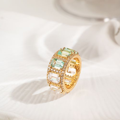 Anel Aliança Retângulos com Zircônias Turmalina Paraíba e Zircônias Brancas - Banho de Ouro 18k