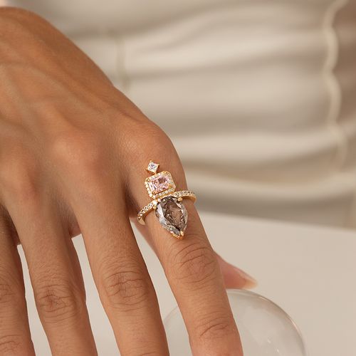 Anel Formas com Zircônias Crushed Ice Cutting Morganita, Rodolita e Zircônias Brancas - Banho de Ouro 18k