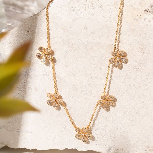 Colar Flores com Zircônias Brancas 55cm - Banho de Ouro 18k
